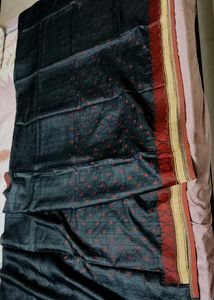 Black Red Zari Embroidered Tussar Silk Saree