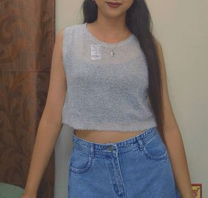 silver knit crop top, sleeveless