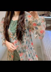 Floral Print Sheer jacketwith Olive Green Inner