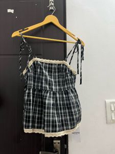 Chic Plaid baby doll top with lace detailing🎀