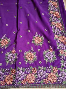 Heavy Embroidery Violet Georgette Saree