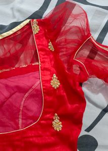 Red Silk Blouse with Net Sleeves