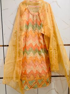 Peach &amp; Gold Festive Embroidered Suit Set