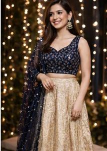 Elegant Navy &amp; Gold Lehenga Set