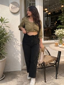 Olive Ruched Front Long Sleeve Top