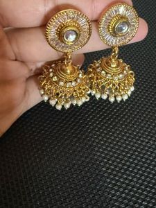 Gold Jhumka Earrings with Pearls