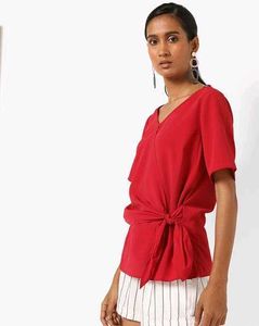 Stylish Red V-Neck Tie-Front Blouse | Versatile