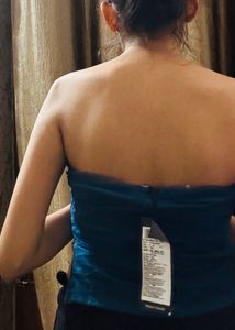 Teal Blue Floral Embroidered Ruched Tube Top