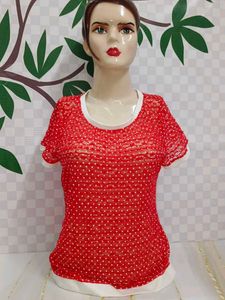(481)Red Polka Dot Ringer Tee