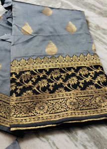 Elegant Grey &amp; Black Banarasi Style Saree