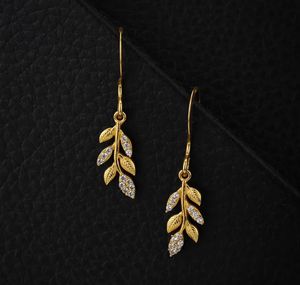 Gold Leaf Dangle Earrings with CZ Stones