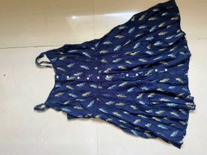 Navy Blue Feather Print Button-Up Dress