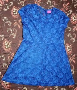 Women Short Sleeves Elegant Navy Blue Lace Dress