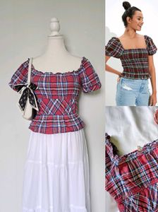 Trendy Plaid Puff Sleeve Top