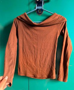 Brown Off-Shoulder Long Sleeve Top