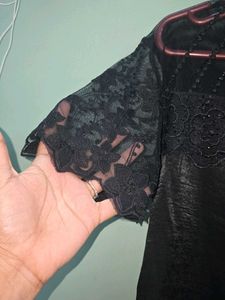 Chic Black Lace &amp; Embellished Sheer Neckline Top