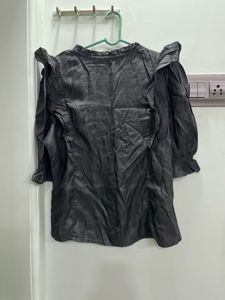 Chic Ruffled Charcoal Black Button-Up Top