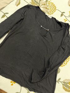 Chic Black Ribbed Long Sleeve Top