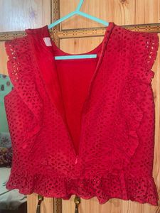 Chic Red Eyelet Peplum Top