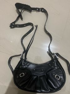 Black Ruched Shoulder Bag with Silver Hardware