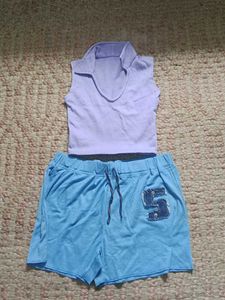 Lavender Crop Top & Blue Shorts Set