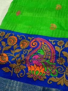 Vibrant Green Silk Saree with Blue Border