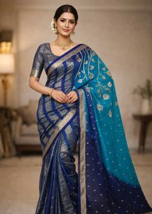 Elegant Blue & Silver Patterned Saree not used