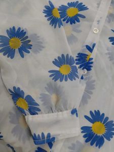 mesh White Daisy Print Button-Up Shirt