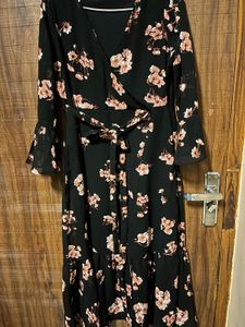 Black Floral Print Wrap Dress