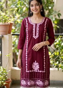 Elegant Maroon Embroidered Straight Kurti