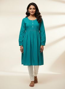 Fabindia Women's Teal Cotton Kurta