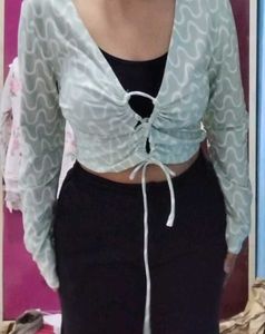 Sage Green Patterned Tie Front Top
