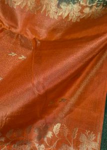 Vibrant Orange &amp; Green Saree with Gold Border