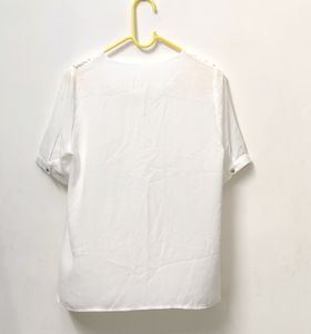 Korean White Semi Ruffled Neck Button Up Sheer Top