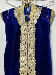 Royal Blue Velvet Gown with Gold Embroidery