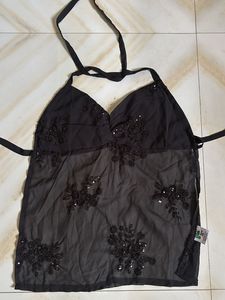 Sheer Black Embellished Halter Top