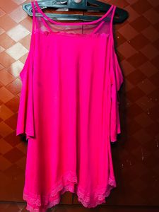 Vibrant Pink Cold Shoulder Top with Lace Trim