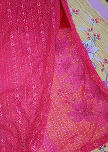 Elegant Pink Lace Kurta with Pearl Neckline