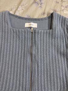 Blue Ribbed Zip-Up Cropped Top