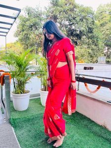 Vibrant Red Saree with Golden Motifs