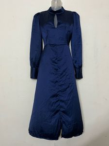 Pintresty silk Elegant Navy Blue Satin Dress