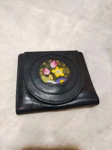 Vintage Black Leather Wallet with Floral Detail