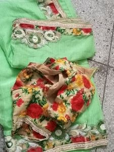 Parrot Green Colour Saree With Diziner Bilouse