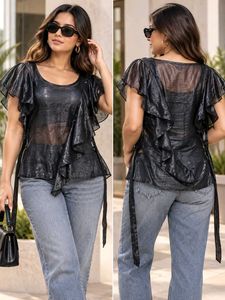 Chic Black Ruffled Sheer Top