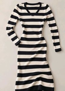 BLACK AND WHITE STRIPED RIBBED V-NECK BODYCON MIDI