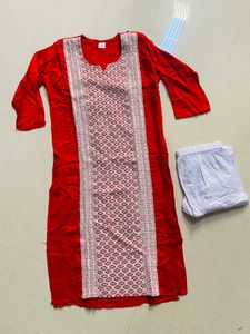 Red Chikankari Neck Design Kurta With Whitelegging