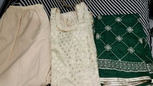 Elegant Cream Kurta Set with Green Dupatta