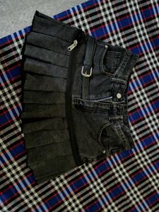 Dark Wash Pleated Denim Mini Skirt