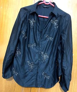 Elegant Black Blouse with Dragonfly Embroidery