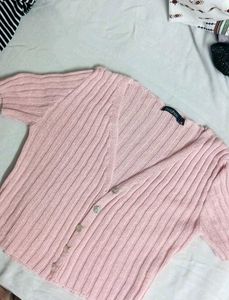 Pink Ribbed Cropped Cardigan